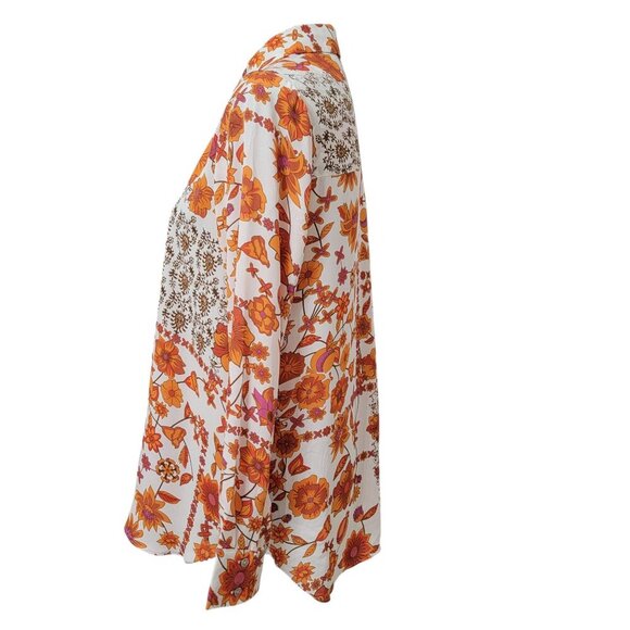 Rose + Olive Size S Cream with Autumn Floral Mixed Pattern Long Sleeve Blouse - Picture 3 of 12
